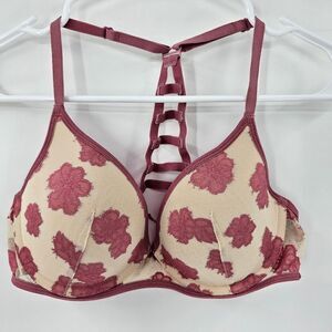 Victoria's Secret PINK racerback bra 34C lightly lined flowers floral tan